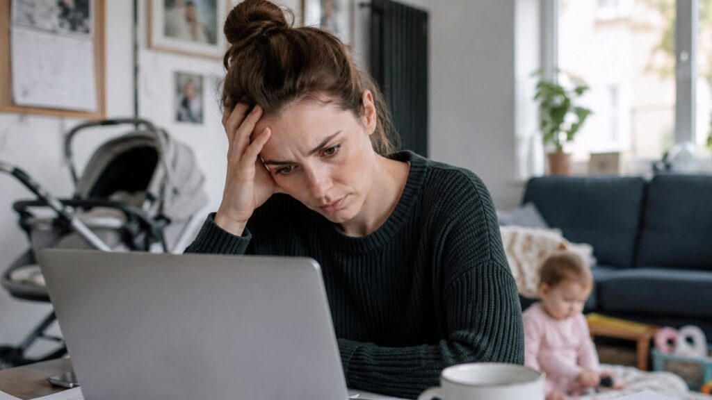 L'intel·ligència artificial pot ser perillosa Mujer preocupada utilizando ChatGPT en su ordenador mientras valora una decisión laboral desde casa con su bebé al fondo.