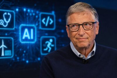 La intel·ligència artificial i les professions del futur Bill Gates durante una intervención sobre inteligencia artificial con iconos que representan programación, biología, energía y deporte.
