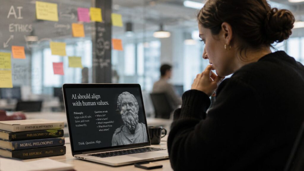 La filosofia és clau a la intel·ligència artificial Mujer trabajando en un laboratorio de inteligencia artificial con referencias a filosofía y ética para el desarrollo de modelos de IA.