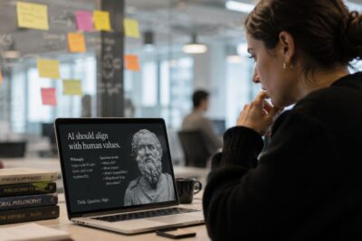 La filosofia és clau a la intel·ligència artificial Mujer trabajando en un laboratorio de inteligencia artificial con referencias a filosofía y ética para el desarrollo de modelos de IA.