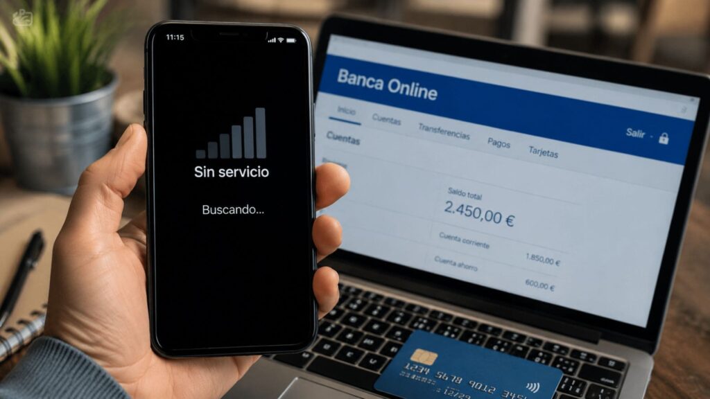 El SIM swapping, una estafa que pots evitar Móvil sin cobertura por un posible fraude SIM Swapping mientras se accede a una cuenta bancaria online