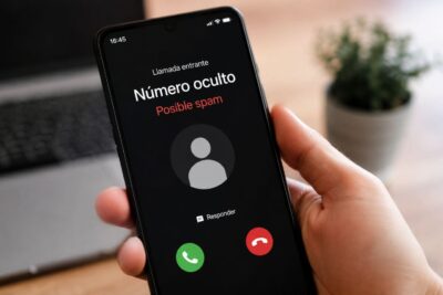 Tallar trucades spam amb una frase clara Teléfono móvil mostrando una llamada de posible spam mientras una persona sostiene el dispositivo.