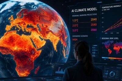 El canvi climàtic: quan s'acostarà a casa nostra Representación de una inteligencia artificial analizando modelos climáticos que proyectan un rápido aumento del calentamiento regional en distintas zonas del planeta.