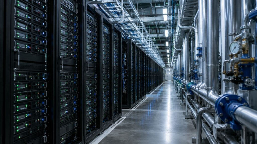 Els centres de dades i el seu impacte ambiental Centro de datos con servidores y sistema de refrigeración relacionado con el consumo de agua de la inteligencia artificial.