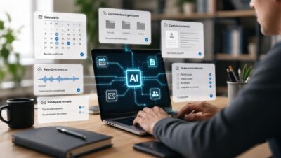 Persona utilizando inteligencia artificial para automatizar reuniones, correos, documentos y tareas cotidianas desde un ordenador.