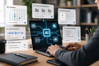 La intel·ligència artificial pot fer per tu Persona utilizando inteligencia artificial para automatizar reuniones, correos, documentos y tareas cotidianas desde un ordenador.